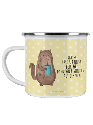 Mr. & Mrs. Panda Camping Emaille Tasse Katze Dose mit Spruch in Gelb Pastell