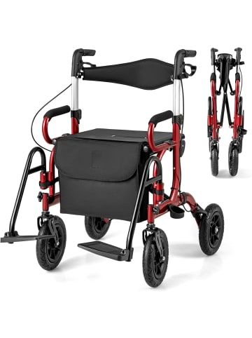 COSTWAY Rollator mit Luftbereifung faltbar bis 140 kg in Rot