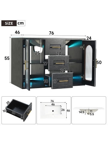 ABRIHOME Waschbeckenunterschrank in Schwarz 76 cm wandmontiert mit LED Glastür verstellbaren Böden