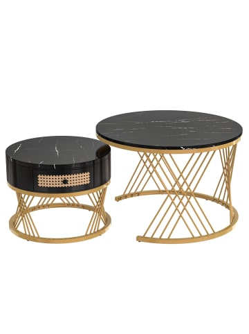 ABRIHOME Couchtisch in Schwarz 2-in-1 set mit Marmorplatte Ø70/50 cm, H 45/38cm