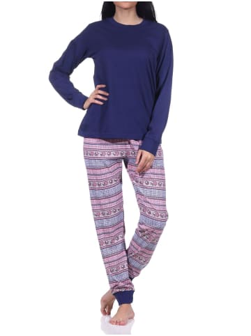 NORMANN langarm Schlafanzug Bündchen Pyjama Ethnolook - 83323 in navy