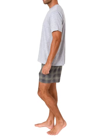 NORMANN Schlafanzug kurzarm Shorty mit karierter Jersey Hose - 86231 in grau