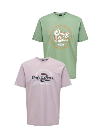 Only&Sons 2er-Set Print T-Shirt Rundhals Vintage Design Shirt ONSLENNY in Lila-2