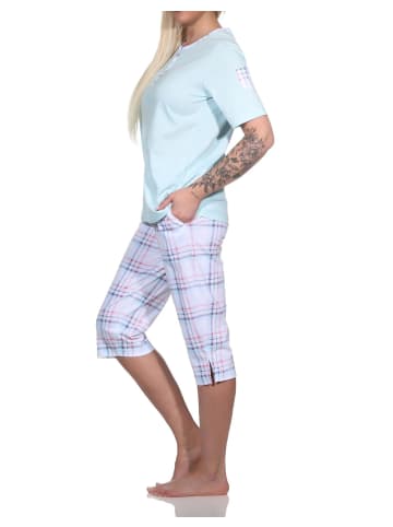 NORMANN Schlafanzug kurzarm karierter Capri Hose Jersey - 78806 in hellblau