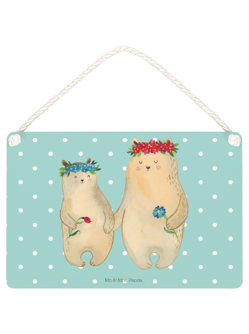 Mr. & Mrs. Panda Deko Schild Bären mit Blumenkranz ohne Spruch in Türkis Pastell