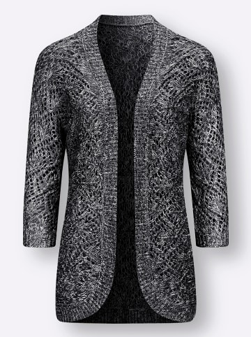 Sieh an! Ajourstrickjacke in schwarz-ecru-meliert
