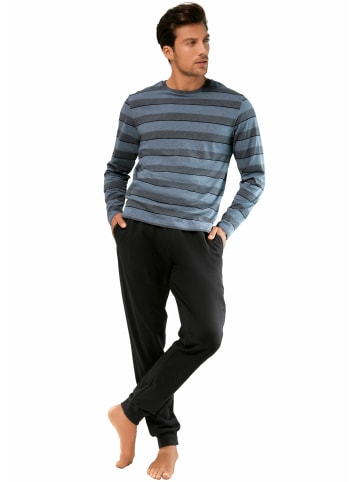 H.I.S Pyjama in blau-meliert-gestreift, schwarz