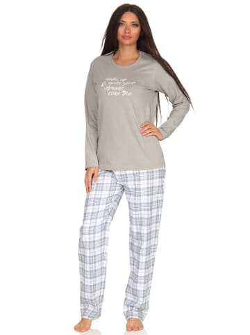 NORMANN Flanell Schlafanzug langarm Pyjama Top Single Jersey Hose Flanell in grau