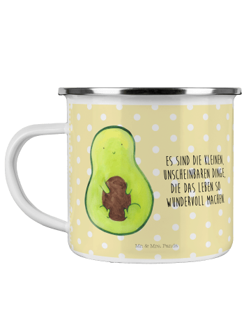 Mr. & Mrs. Panda Camping Emaille Tasse Avocado Kern mit Spruch in Gelb Pastell