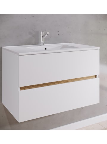 VCM  2 tlg. Badmöbel-Set mit Waschbecken Cosila-I 81 cm in Weiß / Honig-Eiche