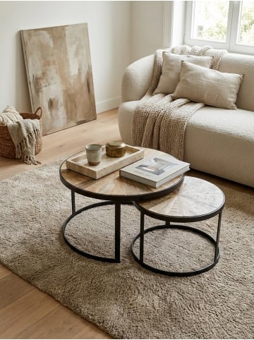 KADIMA DESIGN Wohnzimmertisch 2er-Set | Mango Massiv, Metallbeine Braun, Rund in Braun