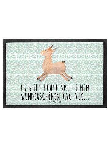 Mr. & Mrs. Panda Fussmatte Lama Springen mit Spruch in Aztekenblau