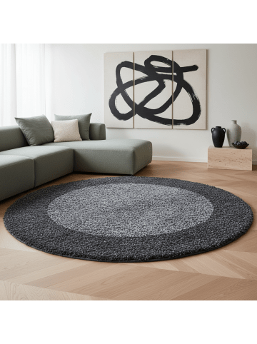 KADIMA DESIGN Teppich Hochflor Shaggy Waschbar Bordüre RHEIN Strapazierfähig in Grau