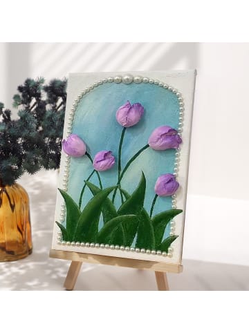 ARTNANAS  Exlusive 3D-Strukturmalerei Set- Lila Tulpen mit Perlenrahmen