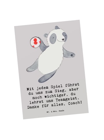 Mr. & Mrs. Panda Grußkarte Handball Trainerin Dankeschön mit Spruch in Grau Pastell