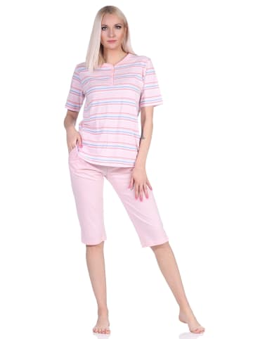 NORMANN Schlafanzug kurzarm Pyjama Caprihose Streifen in rosa