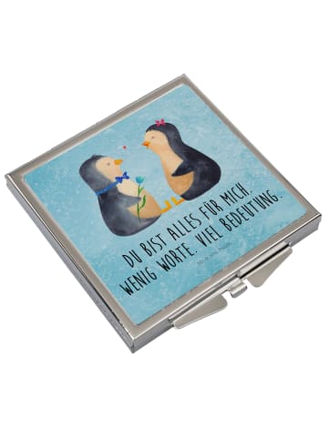 Mr. & Mrs. Panda Kosmetikspiegel Pinguin Pärchen mit Spruch in Eisblau