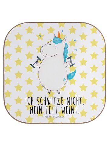 Mr. & Mrs. Panda Flaschenuntersetzer Einhorn Fitness mit Spruch in Weiß