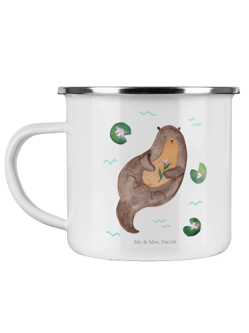 Mr. & Mrs. Panda Camping Emaille Tasse Otter Seerose ohne Spruch in Weiß