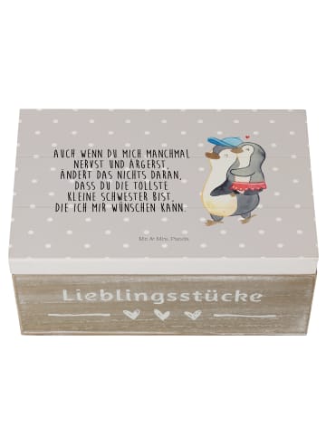 Mr. & Mrs. Panda Holzkiste Pinguin Kleine Schwester mit Spruch in Grau Pastell