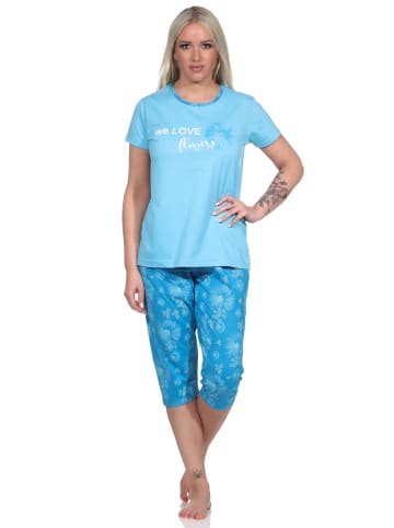 NORMANN kurzarm Schlafanzug Pyjama Caprihose geblümter - 77313 in hellblau