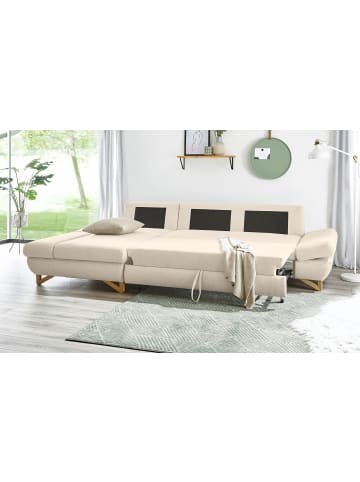 Furn.Design Ecksofa creme Velours, Sofa mit Bettfunktion und Stauraum