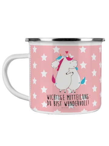 Mr. & Mrs. Panda Camping Emaille Tasse Einhorn Mitteilung mit Sp... in Rot Pastell