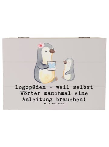 Mr. & Mrs. Panda Holzkiste Logopädin Helden mit Spruch in Grau Pastell