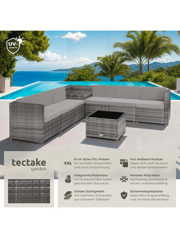 tectake Rattan Lounge für 6 Personen, mit Sicherheitsglasplatte, UV-beständig