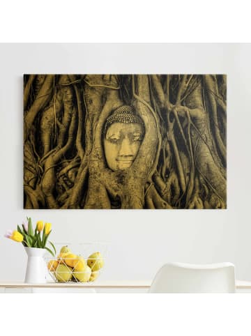 WALLART Leinwandbild Gold - Ayuttaya Buddha zwischen Wurzeln in Schwarz-Weiß