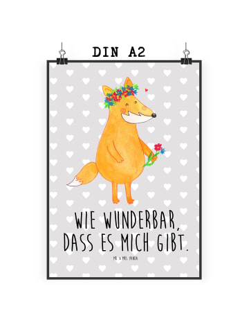 Mr. & Mrs. Panda Poster Fuchs Blumen mit Spruch in Grau Pastell