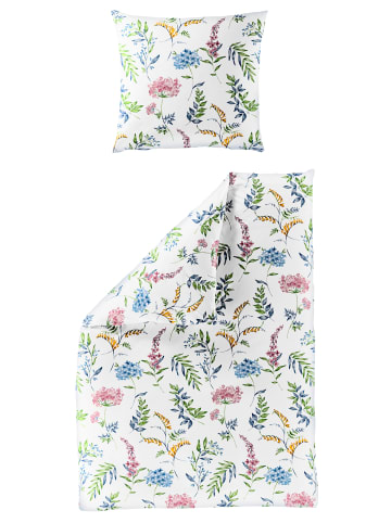 Traumschloss Seersucker Sommer Bettwäsche - pastel, bunte Blüten und Zweige auf weißem Hintergrund in weiß