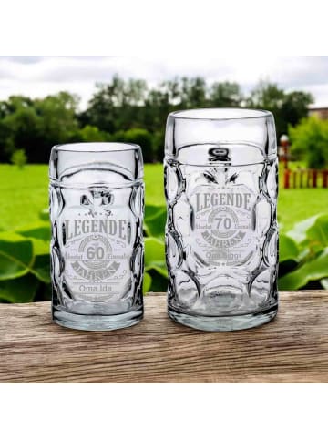 LUXENTU Maßkrug mit Gravur Legende seit 70 Jahren 1,0 Liter in transparent