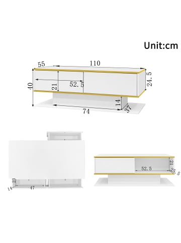 ABRIHOME Weißes LED-Couchtisch in Hochglanz mit Golddekor, Schubladen und offenem Fach