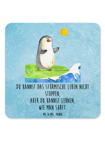 Mr. & Mrs. Panda Glasuntersetzer Pinguin Surfer mit Spruch in Eisblau