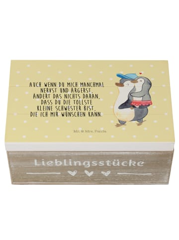 Mr. & Mrs. Panda Holzkiste Pinguin Kleine Schwester mit Spruch in Gelb Pastell