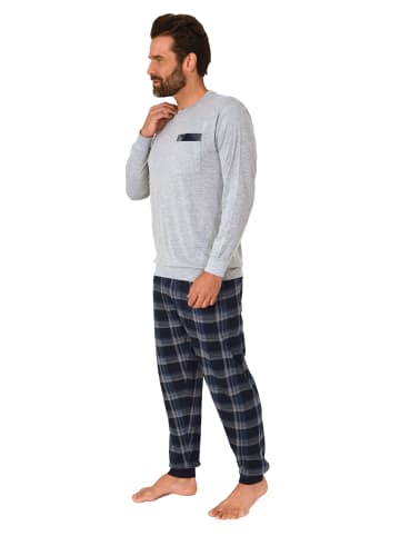 NORMANN langarm Schlafanzug Pyjama Bündchen und karierter Jersey Hose in grau