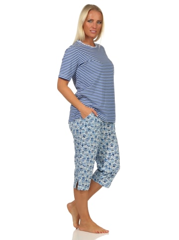NORMANN Capri Pyjama Schlafanzug kurzarm Spitzenbesatz in hellblau