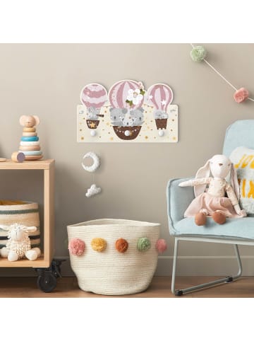 WALLART Kindergarderobe Holz - Tiere in Ballons Wolken Sterne rosa in Rosa