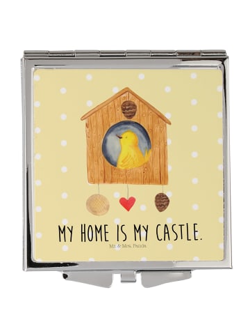 Mr. & Mrs. Panda Taschenspiegel Vogel Haus mit Spruch in Gelb Pastell