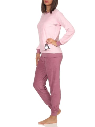NORMANN Frottee Pyjama langarm Schlafanzug Bündchen und Pinguin - 49860 in rosa