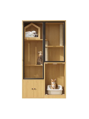 ABRIHOME Katzenkäfig mit Kratzpfosten in Ahornholzfarbe - 90*50*160cm