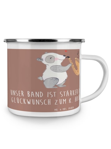Mr. & Mrs. Panda Camping Emaille Tasse 8. Hochzeitstag Blechhoch... in Braun Pastell