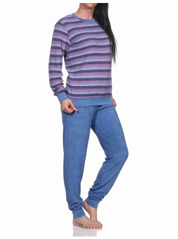 NORMANN Frottee Schlafanzug Bündchen Streifendesign - 76938 in blau-melange
