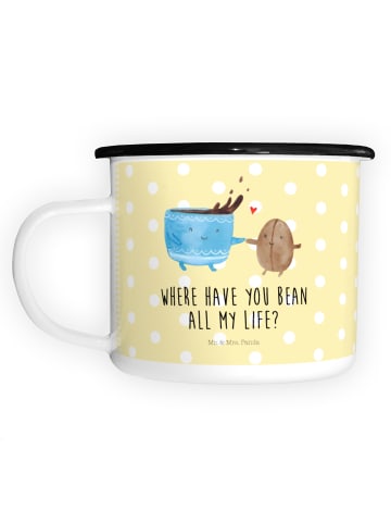 Mr. & Mrs. Panda XL Emaille Tasse Kaffee Bohne mit Spruch in Gelb Pastell