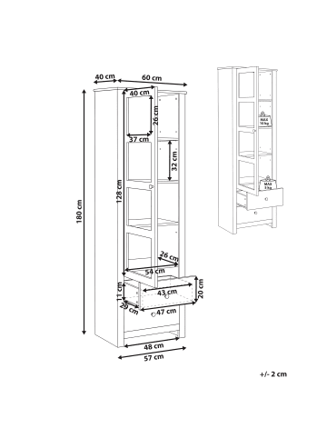 Beliani Vitrine PIMBA in Weiß/Braun - (W) 60 x (H) 180 x (L) 40 cm