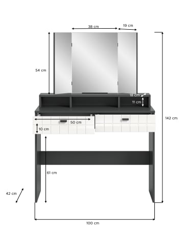 xonox.home Schminktisch mit Spiegel in anthrazit /weiß HG  - (B) 100 x (H) 142 x (T) 42