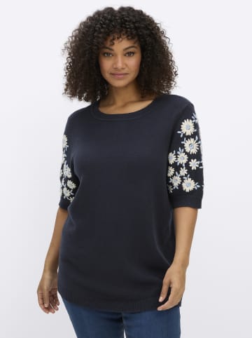 sheego Kurzarm-Pullover in tiefblau-ecru