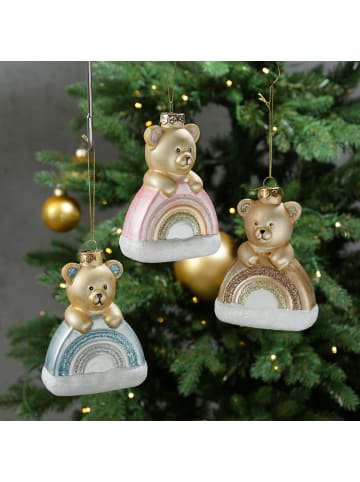 MARELIDA Weihnachtsbaumschmuck Teddybär mit Regenbogen Glas H: 13,5cm in rosa