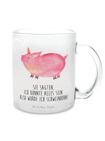 Mr. & Mrs. Panda Teeglas Einhorn Schwein mit Spruch in Transparent